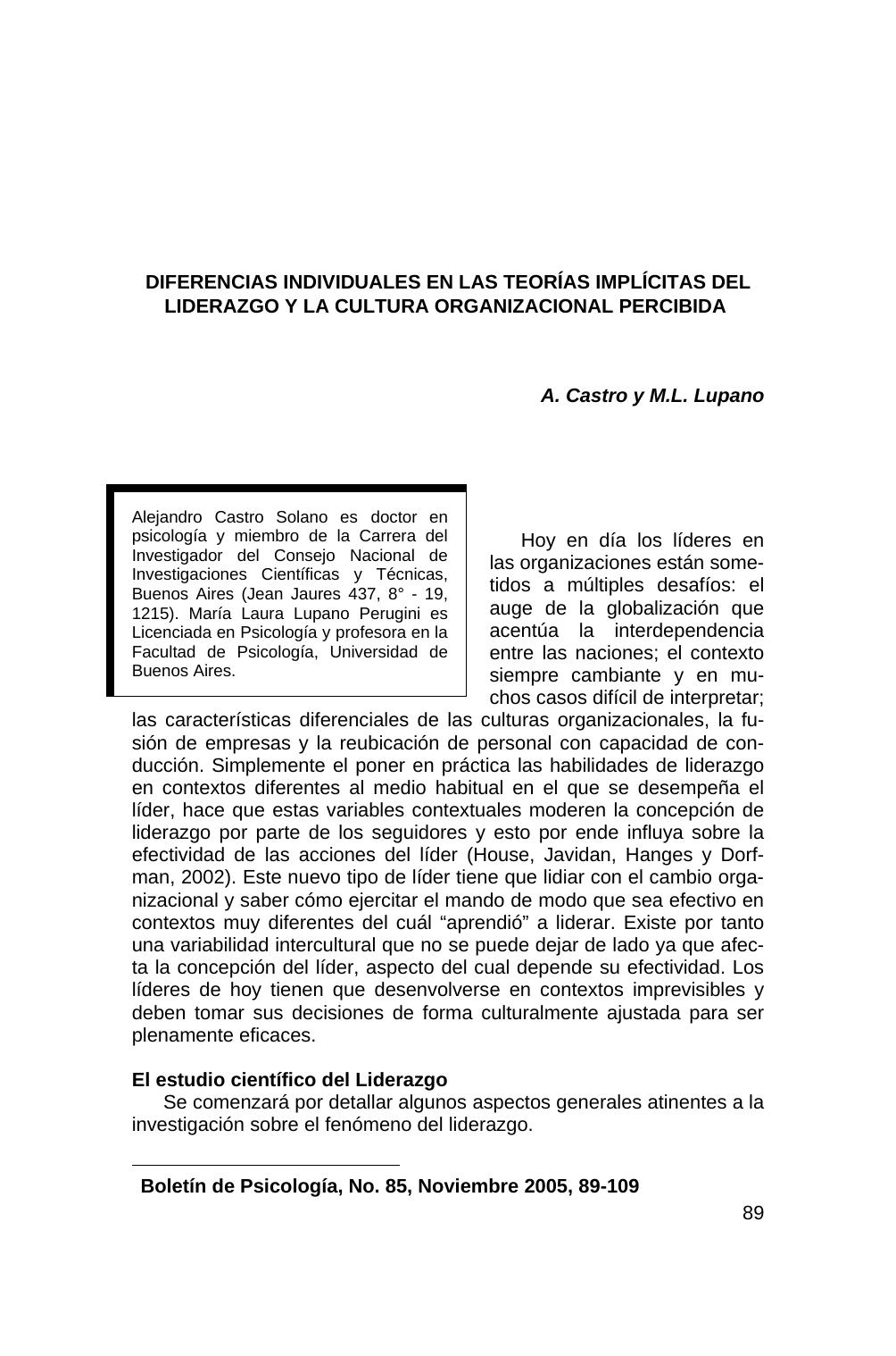 Diferencias individuales en las teorías implícitas del liderazgo y la cultura organizacional percibida